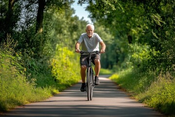 An elderly man riding a bicycle, enjoying outdoor exercise and an active lifestyle, promoting mobility and health