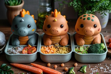 Obraz premium Cute Dinosaur Shaped Lunch Boxes with Healthy Meals for Kids