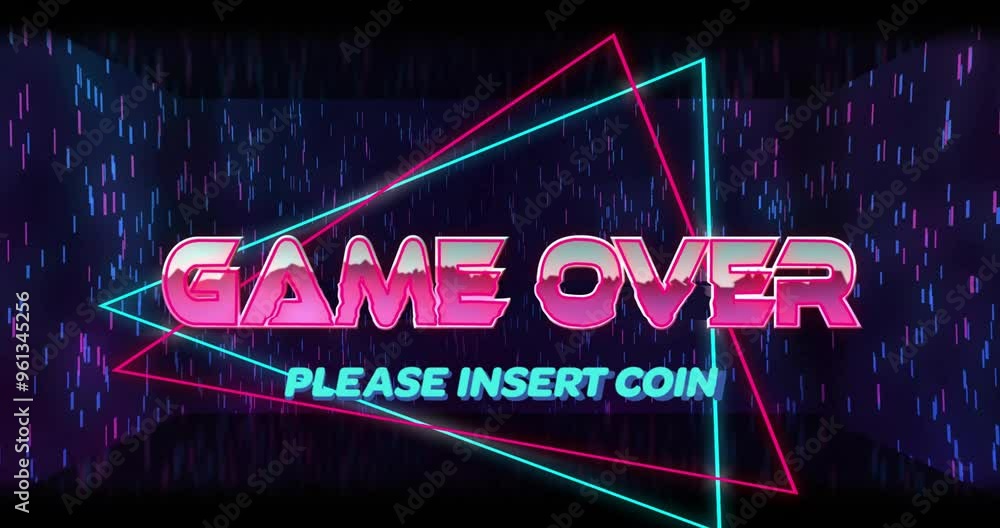 Aufkleber game over and please insert coin text over neon geometric shapes and rain animation
