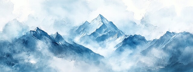 Majestic Mountain Landscape in Watercolor with Misty Atmosphere and Serene Blue Tones