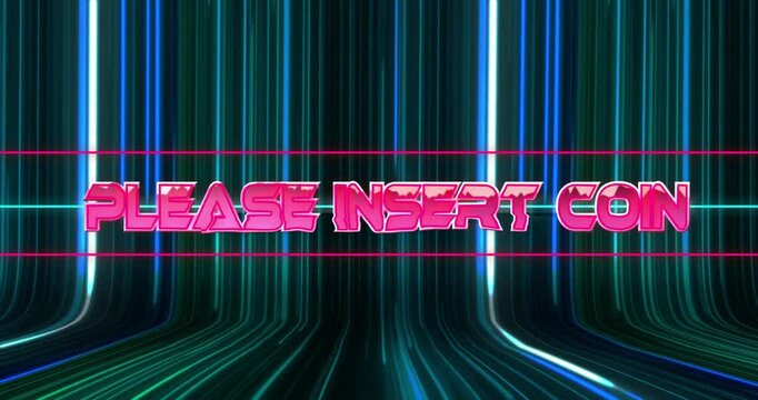 Please insert coin text over neon lines background, retro arcade animation