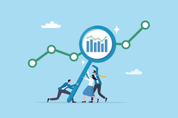 Data analysis, optimization or marketing analytics for statistics improvement, growth or KPI measurement result, chart or diagram concept, business people hold magnifying glass analyzing data chart.