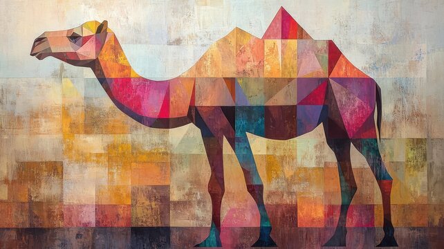 Abstract, a camel represented through geometric shapes and contrasting colors, offering a modern and artistic interpretation with an abstract approach.
