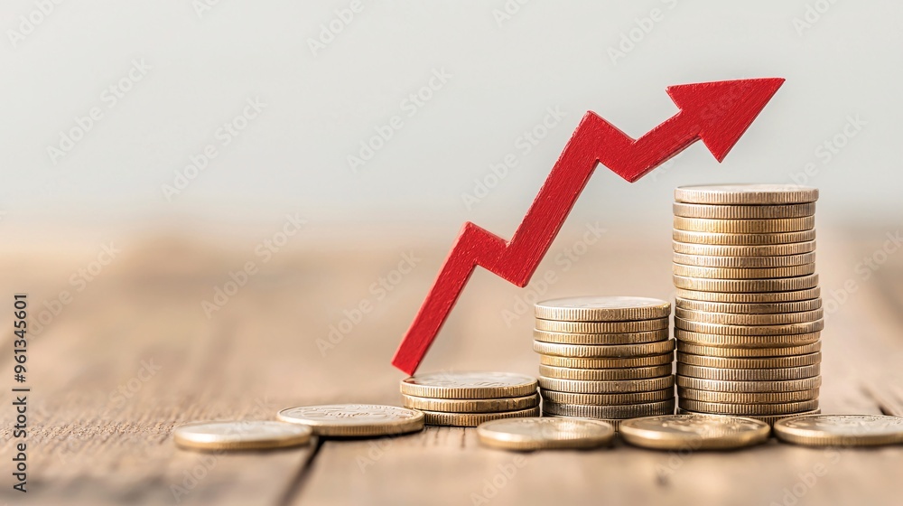 Poster stack of coins with a red downward arrow, illustrating the effect of falling interest rates on savin