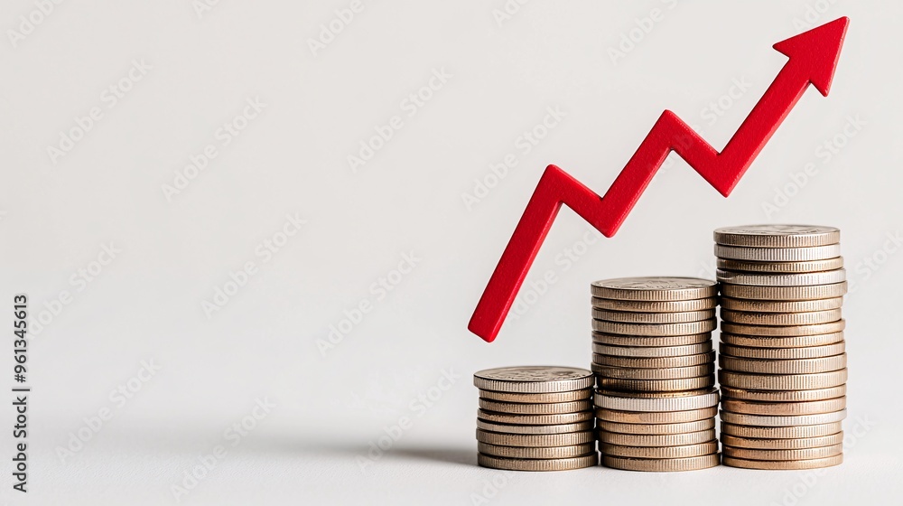 Poster stack of coins with a red downward arrow, illustrating the effect of falling interest rates on savin