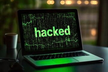 A laptop screen displays the word "hacked" in green against a background of code.