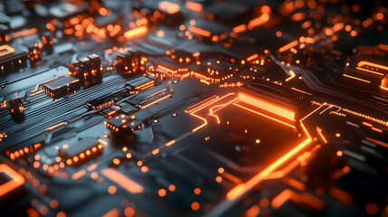 close-up of a glowing, futuristic circuit board with intricate designs and digital components