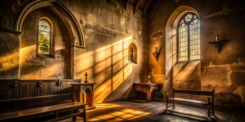 Fototapeta premium Sanctuary of Light: Golden hour bathes a medieval church interior in ethereal light, streaming through stained glass windows and illuminating the aged stone walls.