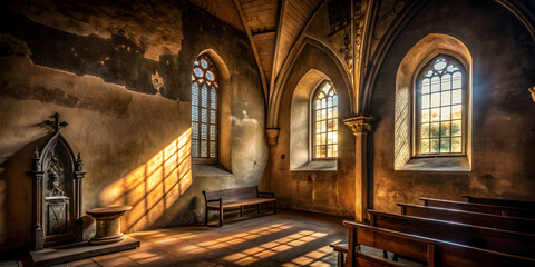 Obraz premium Sunlit Sanctuary: Tranquil rays of sunlight illuminate a weathered chapel, highlighting the beauty of its architecture and evoking a sense of peace and reverence. 