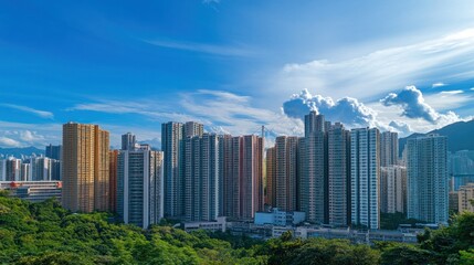 Urban Skyline with Lush Greenery and a Clear Blue Sky