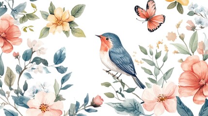 Charming Watercolor Composition of Blossoming Flowers and a Colorful Bird