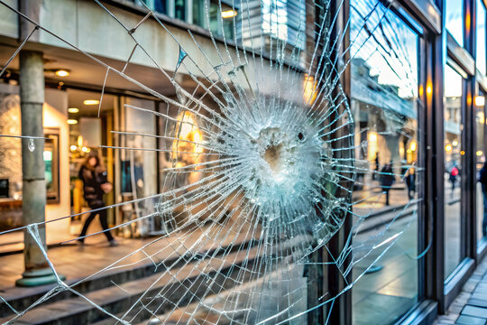Shattered Glass, Broken Peace: A chilling close-up of a spiderweb of cracks in a storefront window, reflecting the aftermath of unrest and vandalism in an urban setting.  