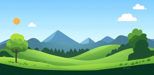 Fototapeta premium Vibrant green hills under a clear sky with fluffy white clouds and a bright sun in a cartoon-style landscape