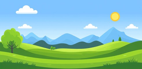 Vibrant green hills under a clear sky with fluffy white clouds and a bright sun in a cartoon-style landscape
