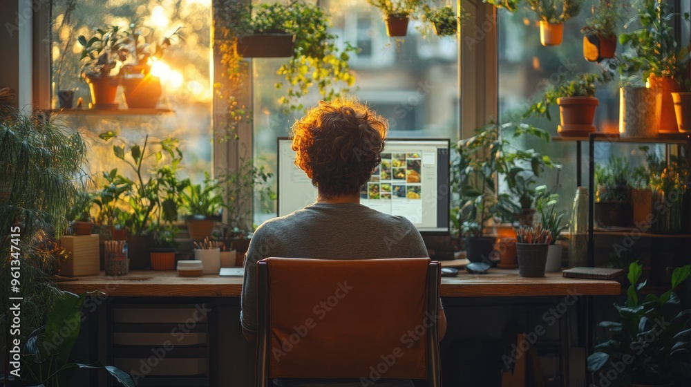 Poster man working on a computer in a home office surrounded by plants