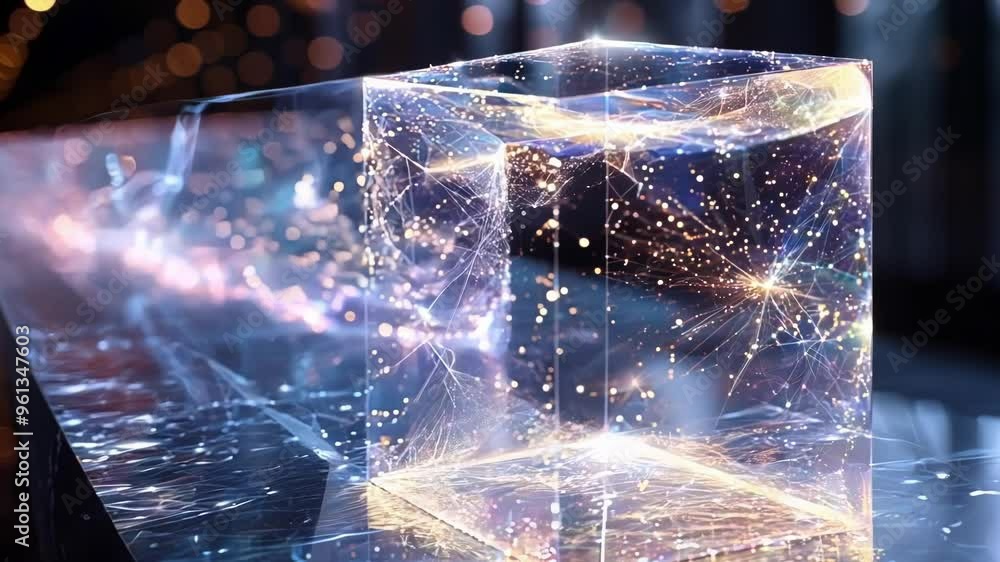 Poster glowing cube with sparkling particles emits light, representing financial data and investment opport