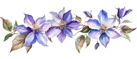 Delicate Watercolor Illustration of Purple Clematis Flowers in Bloom