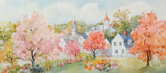 Vibrant Spring Landscape with Cherry Blossoms and Colorful Gardens in Watercolor Style