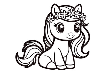 coloring page for kids, Adorable horse  line art illustration