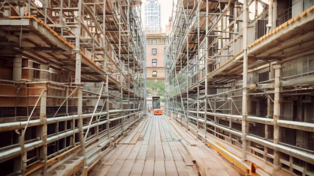 A long, narrow alleyway lined with scaffolding, creating a maze-like passage between two buildings, A maze of scaffolding and temporary walkways leading around the site