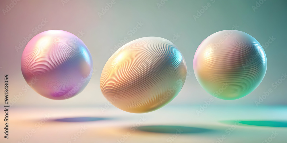Poster holographic spheres: a trio of iridescent spheres floats against a gradient backdrop, showcasing a m