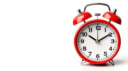 Classic red alarm clock indicating time with a white background, perfect for conveying urgency and time management.