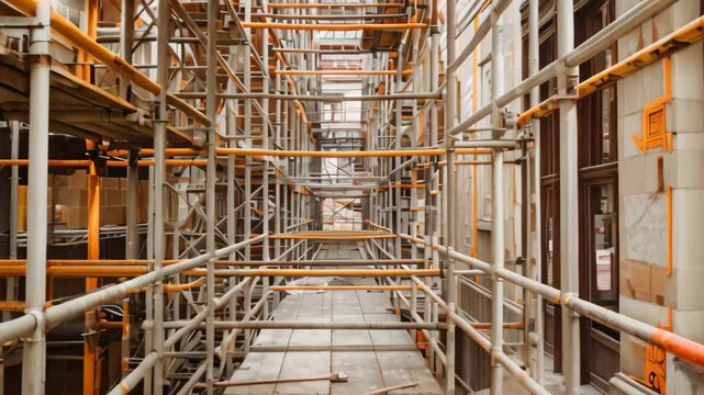 A narrow, enclosed passageway formed by scaffolding and temporary walkways, A maze of scaffolding and temporary walkways leading around the site