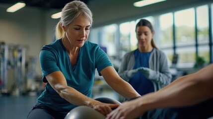 A fitness trainer assists a client with a balance exercise in a gym setting.