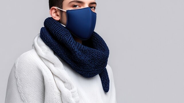 Stylish young man wearing a blue face mask and cozy scarf, embracing modern fashion and health consciousness.