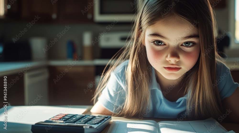 Poster a focused girl studying at a table with a calculator and notebook in a kitchen setting.