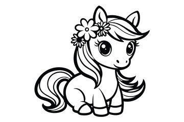 coloring page for kids, Cute horse with flowers line art illustration