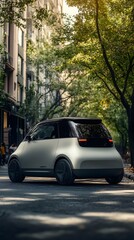 Modern, friendly, and affordable small electric car in a city setting