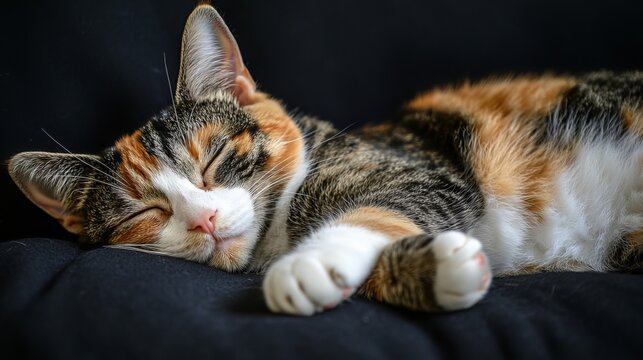 A tabby domestic cat with calico, tortie, and mackerel color patterns is daydreaming. The furry cat is a cute and adorable pet. The cat's body parts are all visible, and its behavior is funny.