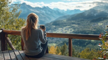A young woman enjoys a cup of coffee on a wooden balcony, taking in the breathtaking view of the mountains.