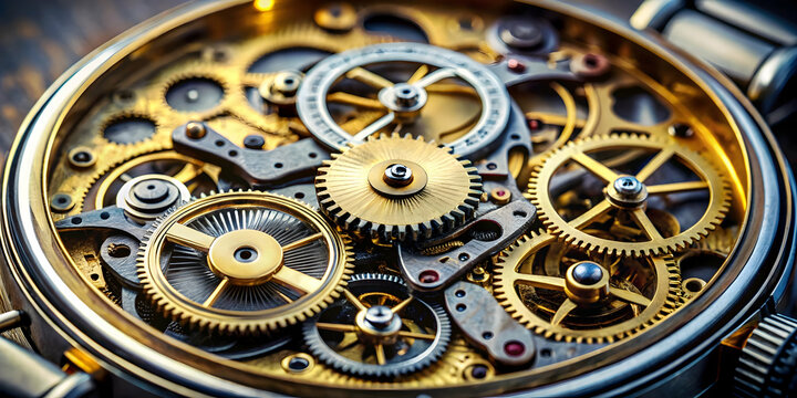 Intricate Clockwork: A mesmerizing close-up of a complex clockwork mechanism, showcasing intricate gears and intricate details, highlighting the elegance and precision of engineering.  