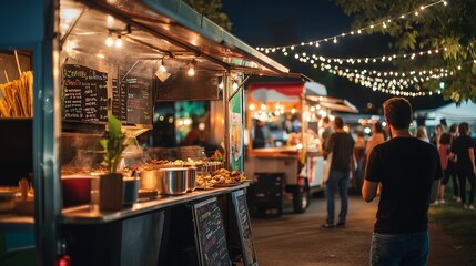 Envision a food truck festival where a variety of cuisines are served from mobile kitchens. The excitement of trying new