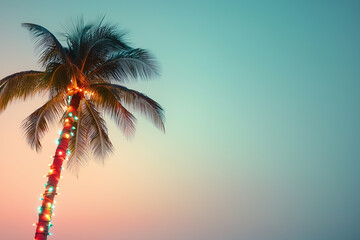 Palm tree decorated with string lights enjoying a pastel sunset sky Christmas, New Year