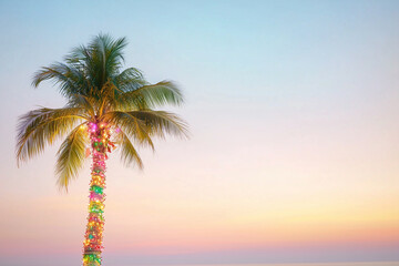 Palm tree decorated with string lights enjoying a pastel sunset on the beach Christmas, New Year
