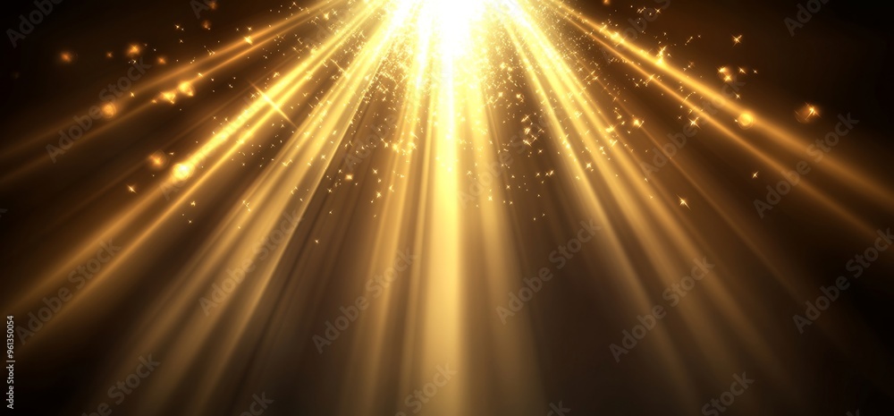 Wall mural abstract golden background with light rays and glowing lines on a dark brown backdrop.