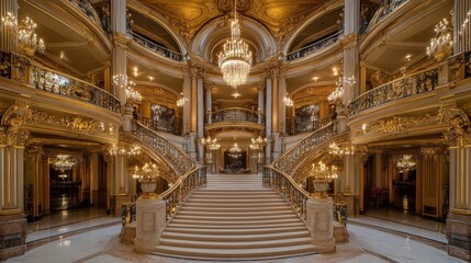 Envision a grand opera house with an opulent facade and luxurious interiors. The architecture includes elaborate ornamentation