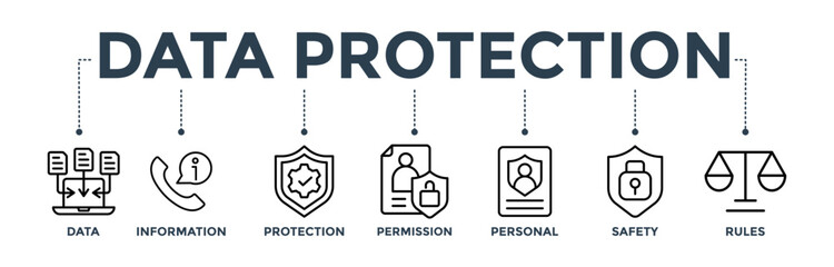 Data protection banner web icon concept with icon of data, information, protection, permission, personal, safety, and rules