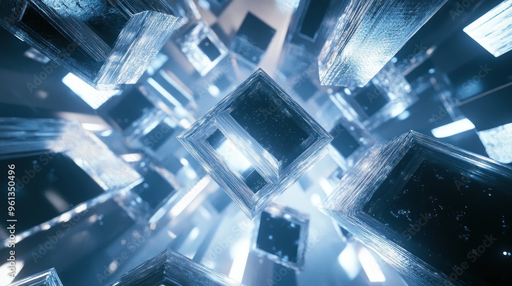Poster a futuristic abstract scene featuring floating geometric shapes and glowing light effects.