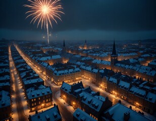 A panoramic view of a snow-covered city celebrating the New Year, with lights twinkling in every window and fireworks illuminating the dark winter sky, captured from a distant aerial perspective