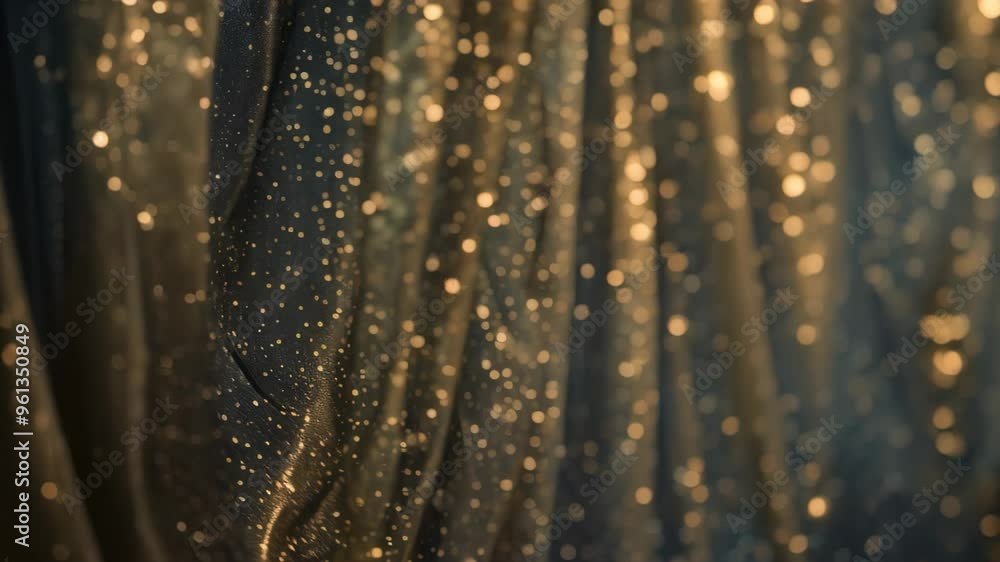 Poster a close-up shot of a shimmering black fabric with embedded gold glitter, creating a dazzling and mes