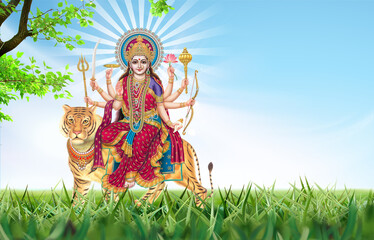 illustration of Indian festival Navratri greetings design, nature background with goddess Durga and tiger , Happy Navratri illustration design. © ganesh_502