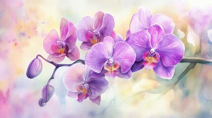 Enchanting Watercolor Depiction of Purple Orchids Against a Dreamy Background