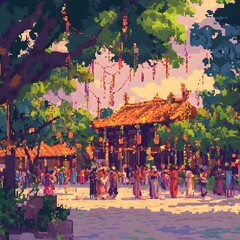 Vibrant Pixel Art Cultural Festival with Diverse Crowd in Traditional Costumes and Ornate