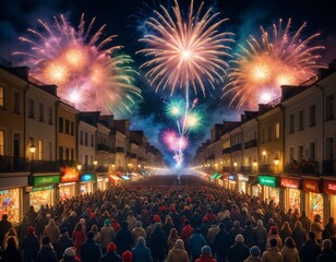 A festive street filled with people celebrating New Year’s Eve under colorful fireworks exploding in the sky, captured from a wide-angle lens with vibrant lighting illuminating the night.