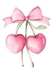 Fototapeta premium Cute Pink Watercolor Cherries with Ribbon on a Simple Background.