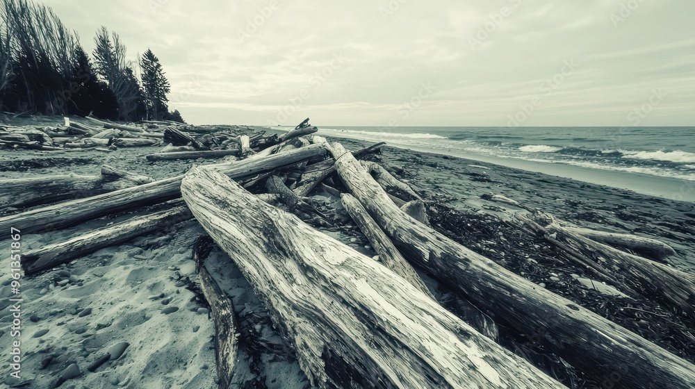 Wall mural Driftwood Beach Scene with Ocean and Sky in Monochrome